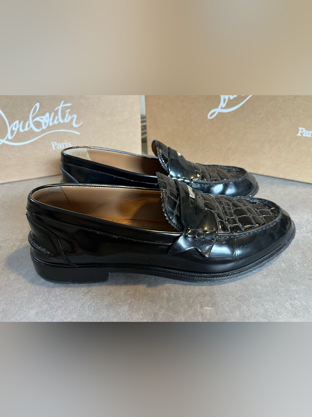 Christian Louboutin Black Patent Croc-Texture Penny Loafers